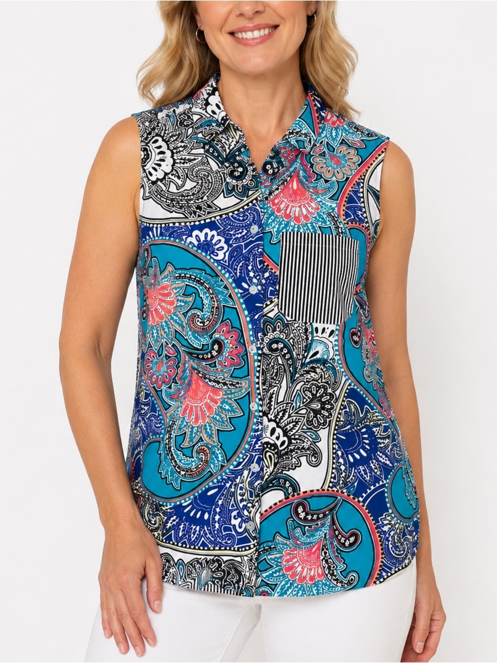 Chico's No-Iron Sleeveless Shirt Women 0.5 Blue Paisley Mixed Media Coastal